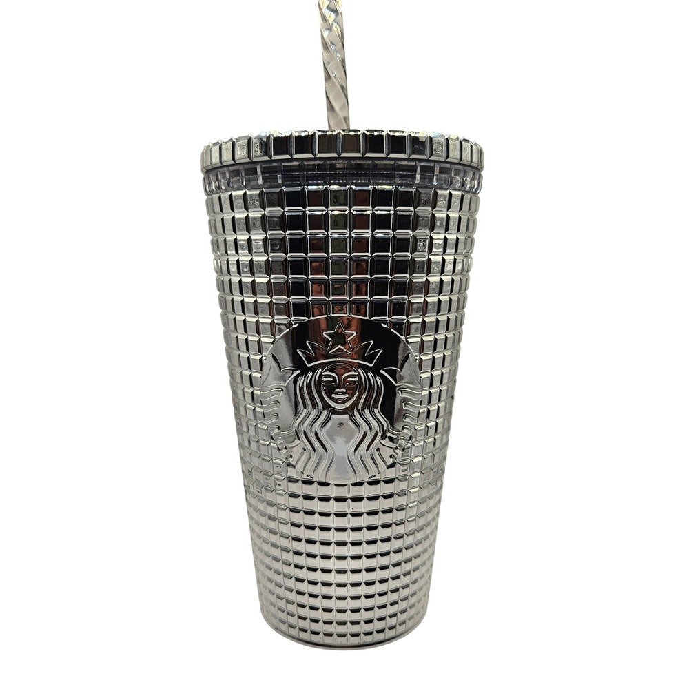 Starbucks Tumbler 16oz Silver Mirrored Disco Ball Grid Cold Cup with Straw